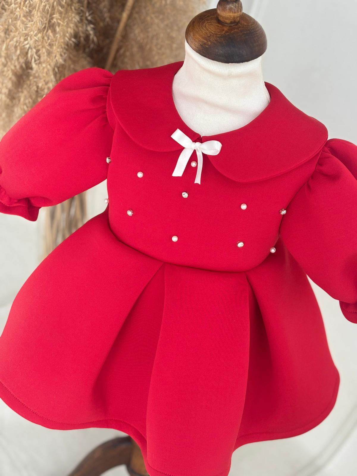 Red Scuba Fabric Girl’s Dress with Pearl and Gem Details