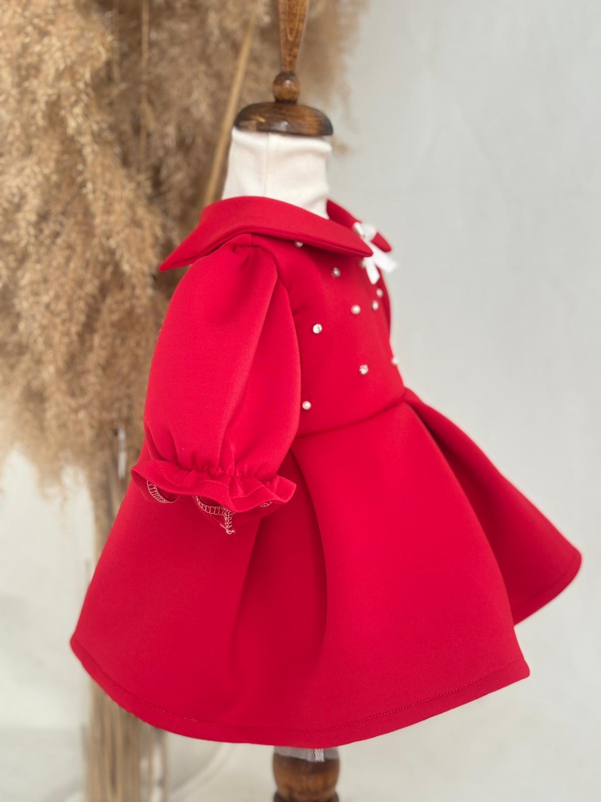 Red Scuba Fabric Girl’s Dress with Pearl and Gem Details