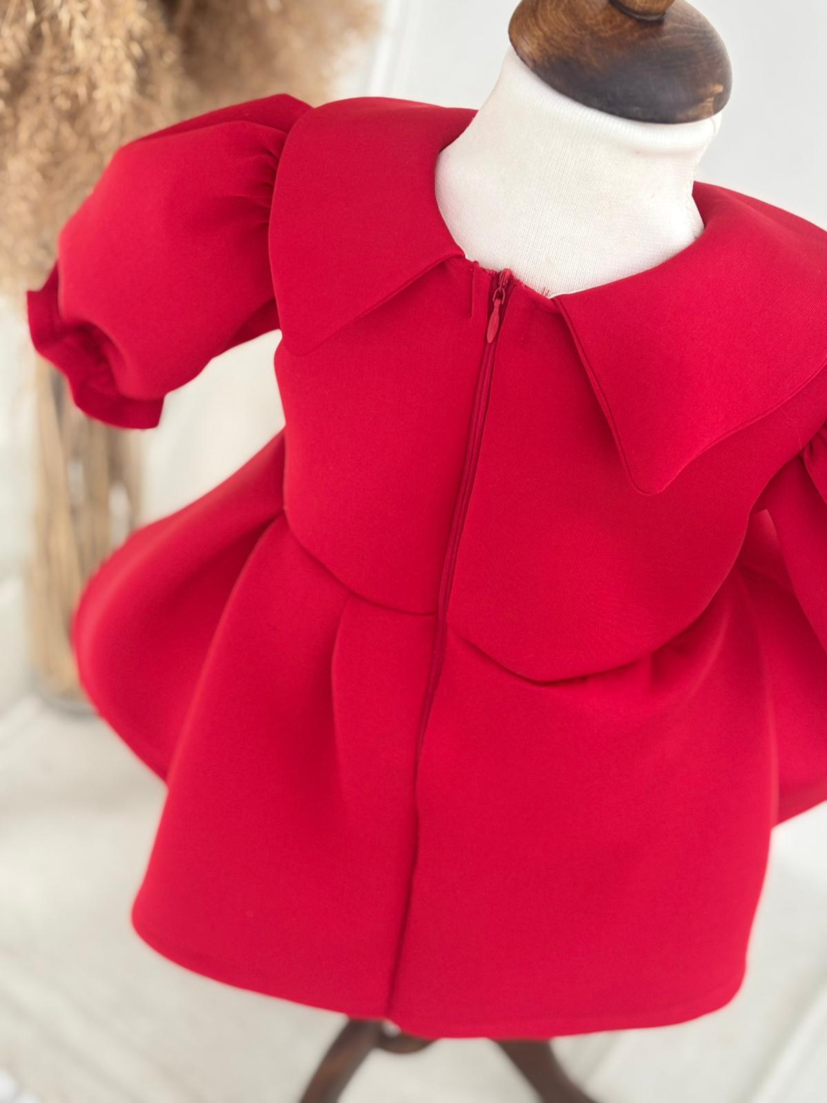 Red Scuba Fabric Girl’s Dress with Pearl and Gem Details