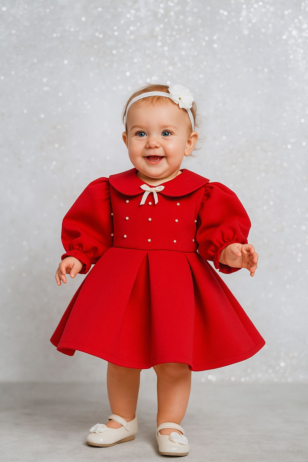 Red Scuba Fabric Girl’s Dress with Pearl and Gem Details