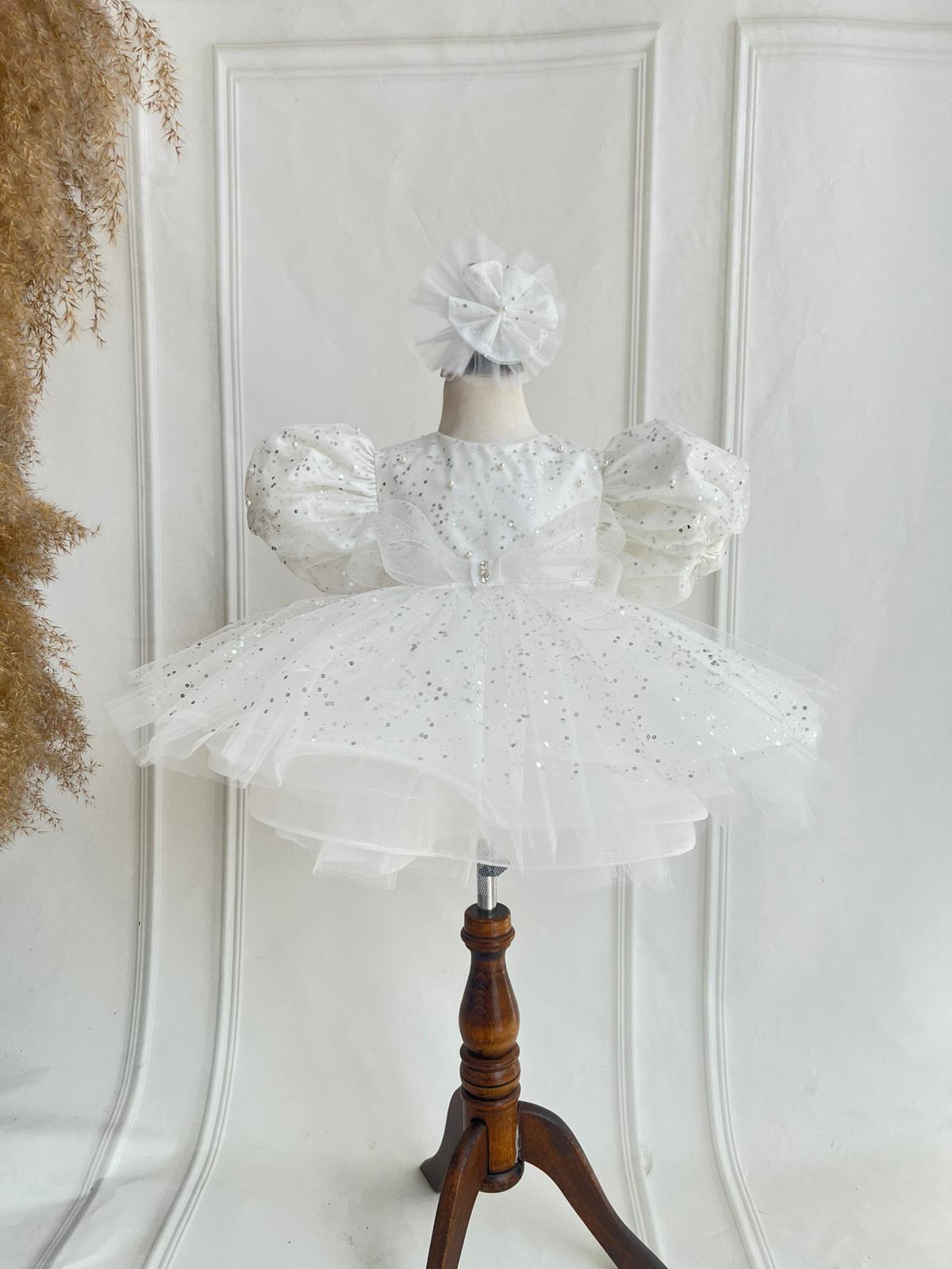 White Sparkly Tulle Party Dress for Girls – Puffy Sleeves & Bow Detail