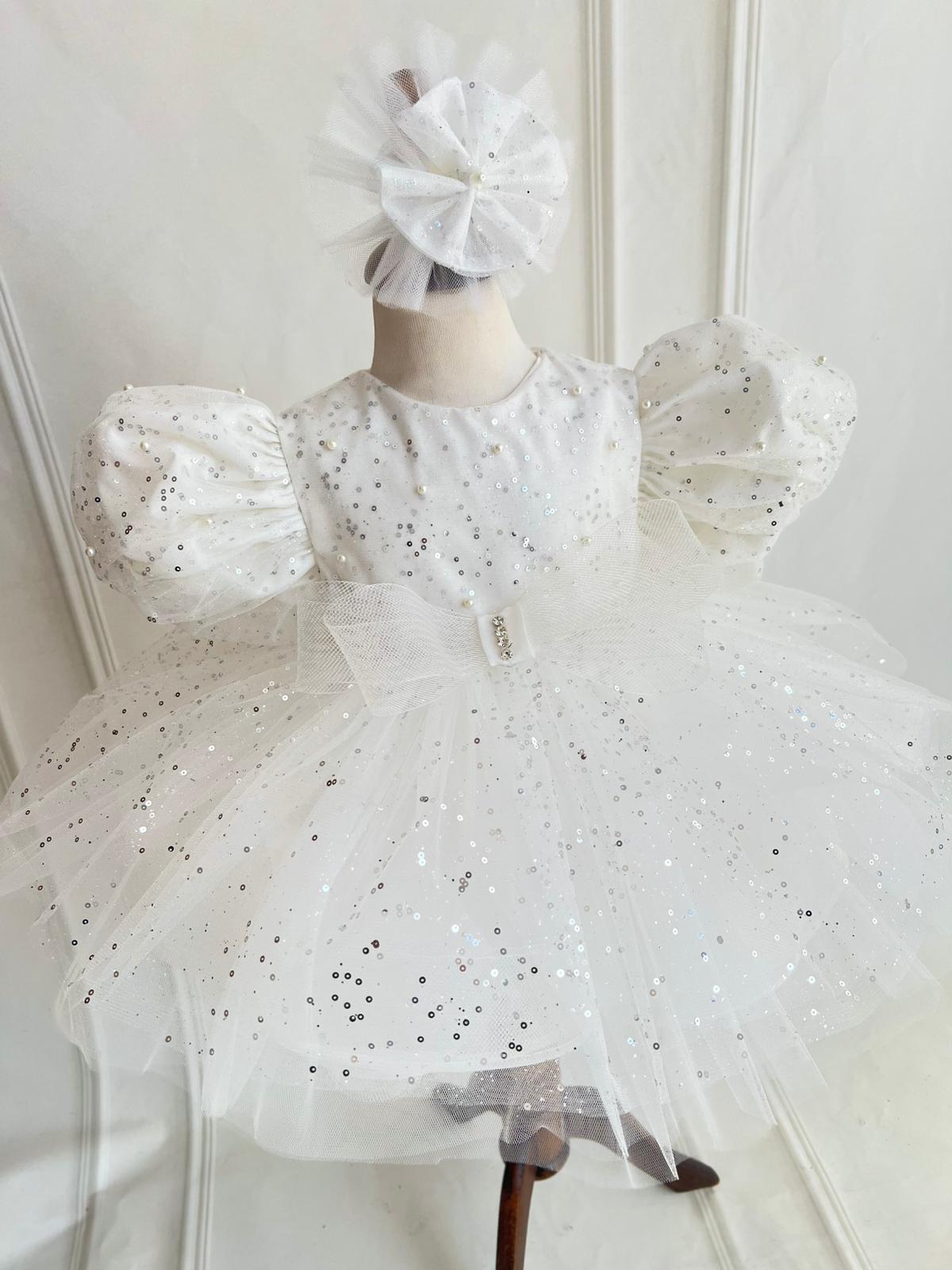 White Sparkly Tulle Party Dress for Girls – Puffy Sleeves & Bow Detail
