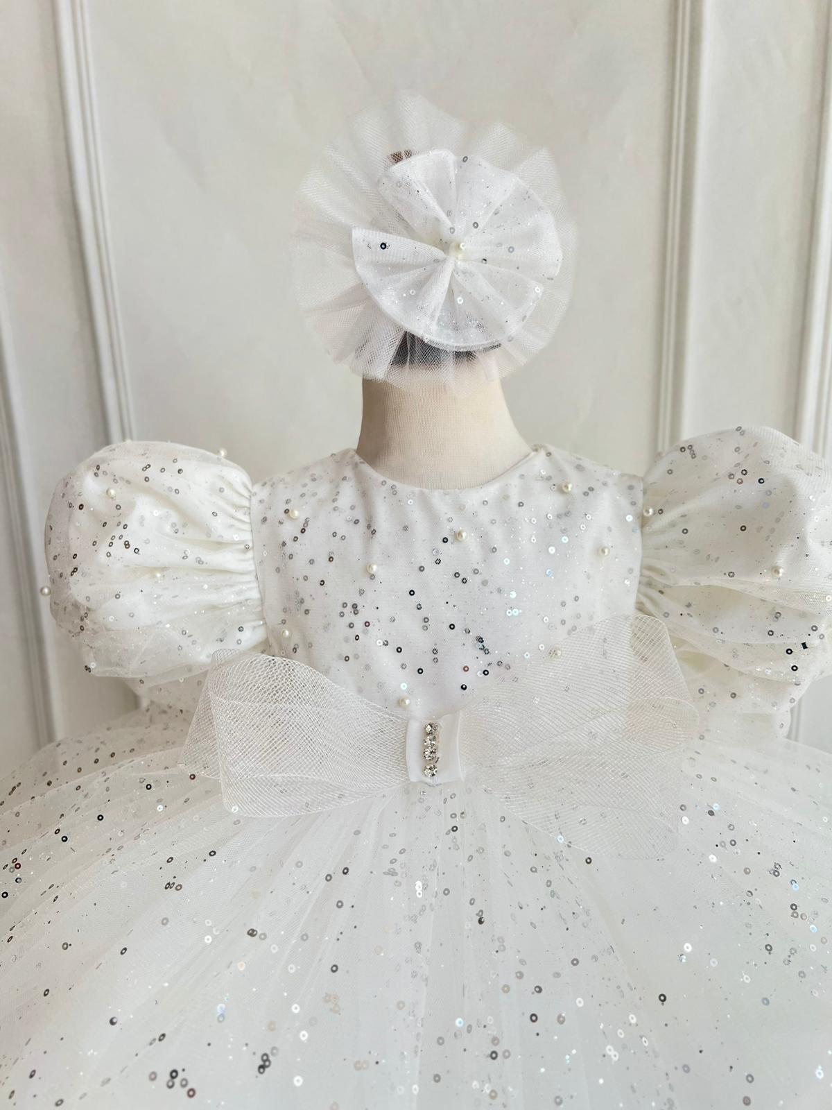White Sparkly Tulle Party Dress for Girls – Puffy Sleeves & Bow Detail