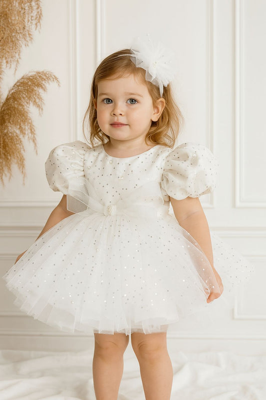 White Sparkly Tulle Party Dress for Girls – Puffy Sleeves & Bow Detail