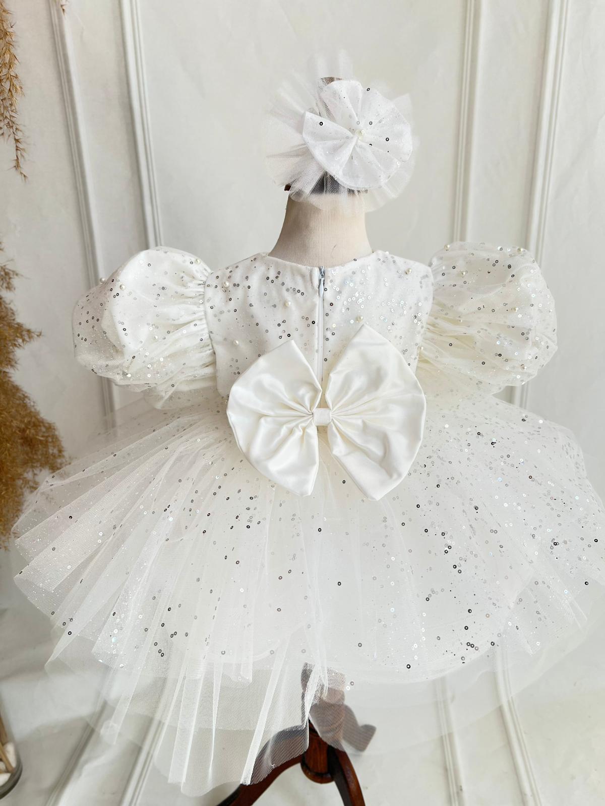 White Sparkly Tulle Party Dress for Girls – Puffy Sleeves & Bow Detail