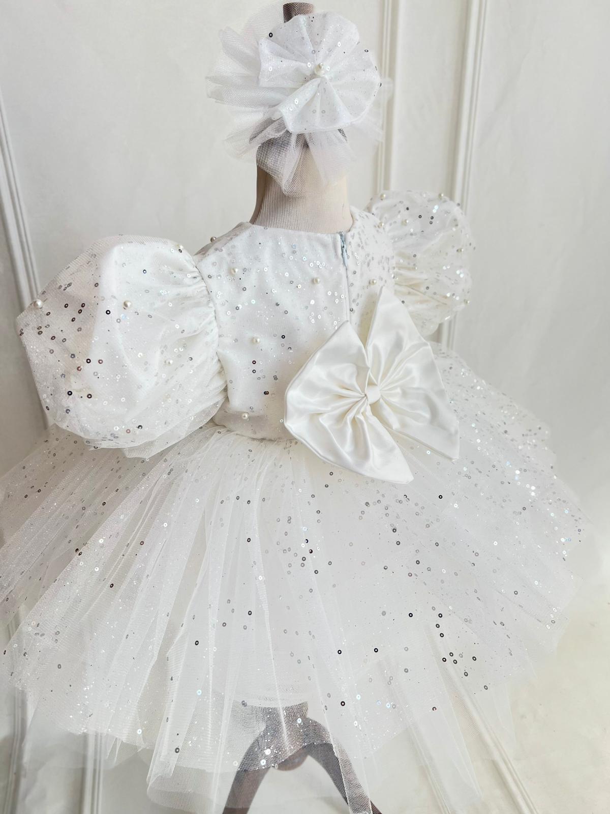 White Sparkly Tulle Party Dress for Girls – Puffy Sleeves & Bow Detail