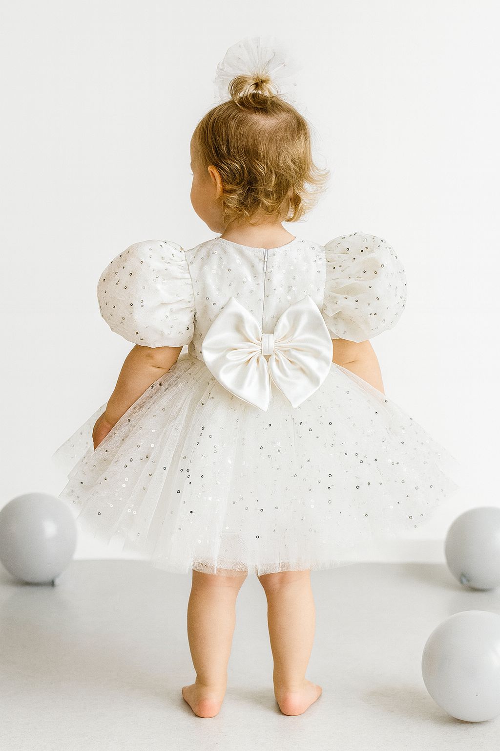 White Sparkly Tulle Party Dress for Girls – Puffy Sleeves & Bow Detail