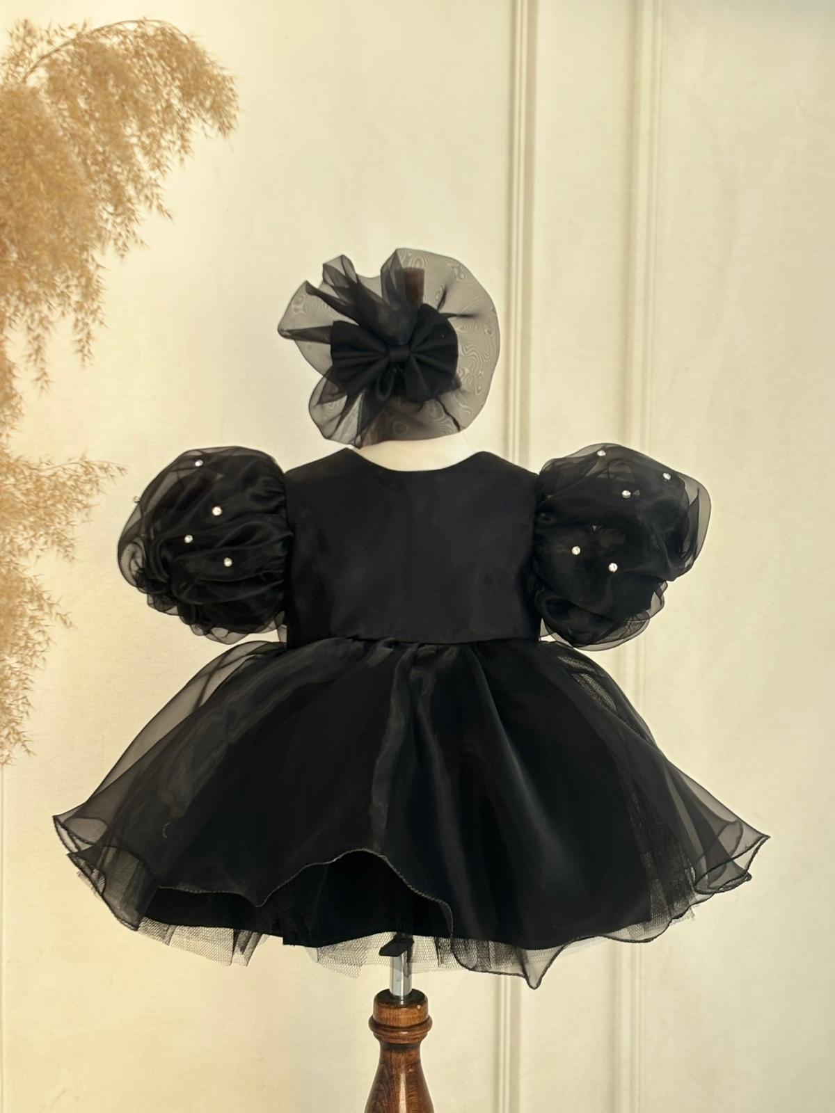 Black Organza Birthday Dress & Headband for Baby & Toddler Girls – Elegant Party Outfit with Rhinestone Details