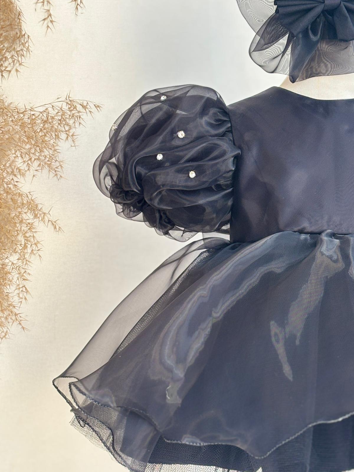 Black Organza Birthday Dress & Headband for Baby & Toddler Girls – Elegant Party Outfit with Rhinestone Details