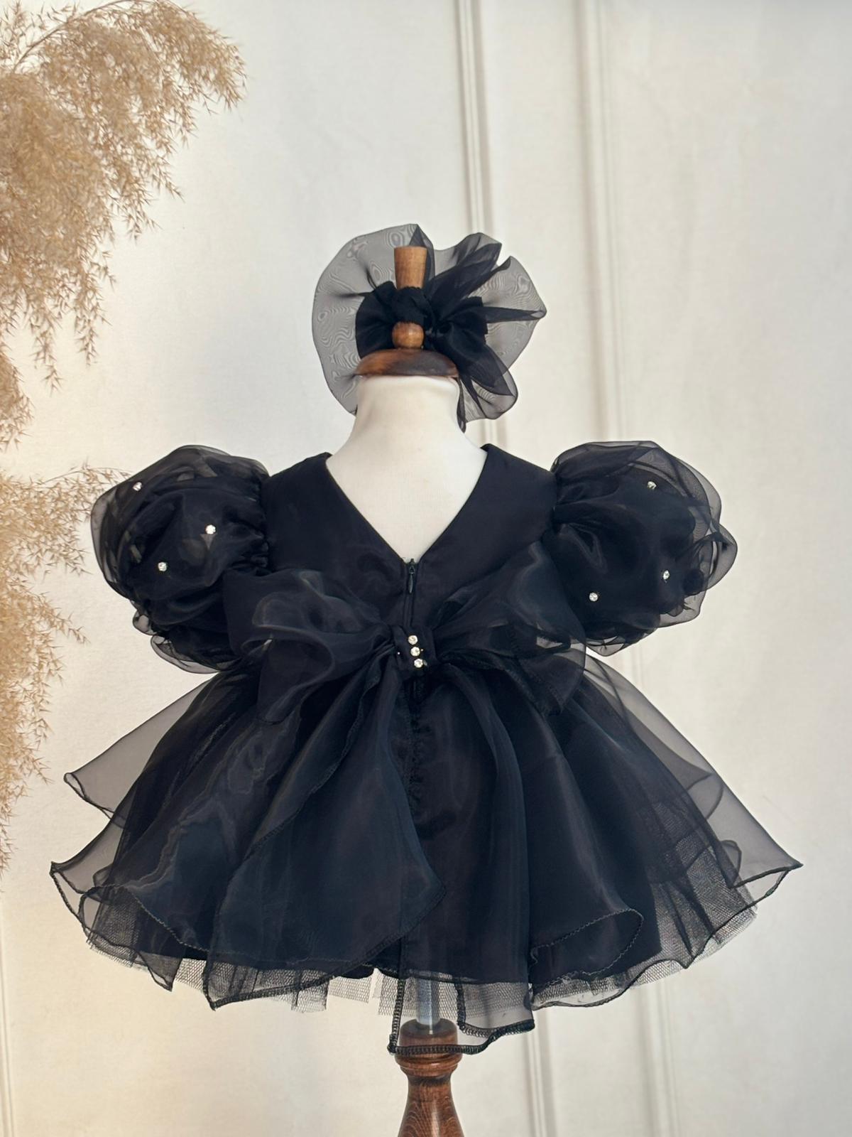 Black Organza Birthday Dress & Headband for Baby & Toddler Girls – Elegant Party Outfit with Rhinestone Details