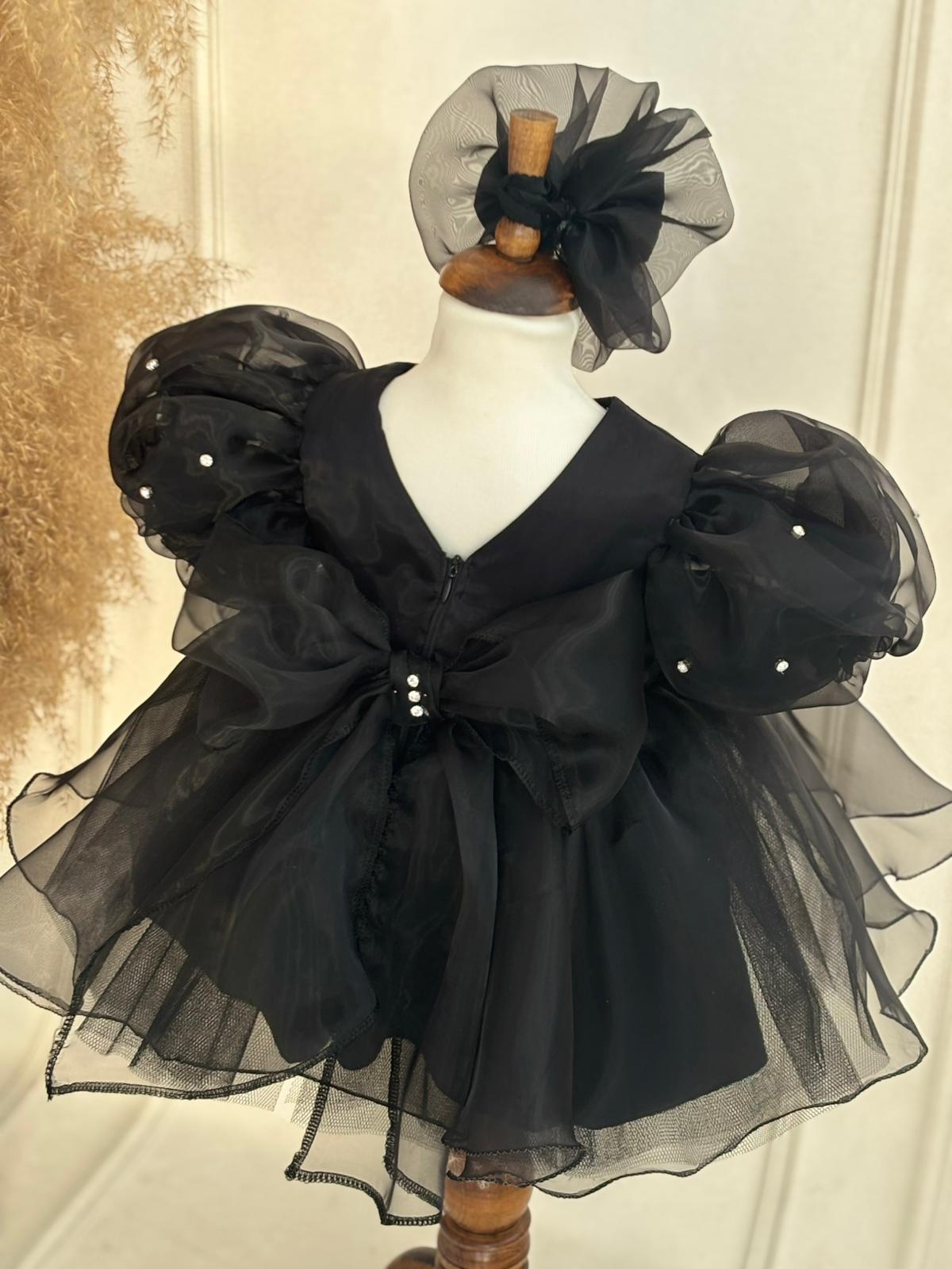 Black Organza Birthday Dress & Headband for Baby & Toddler Girls – Elegant Party Outfit with Rhinestone Details
