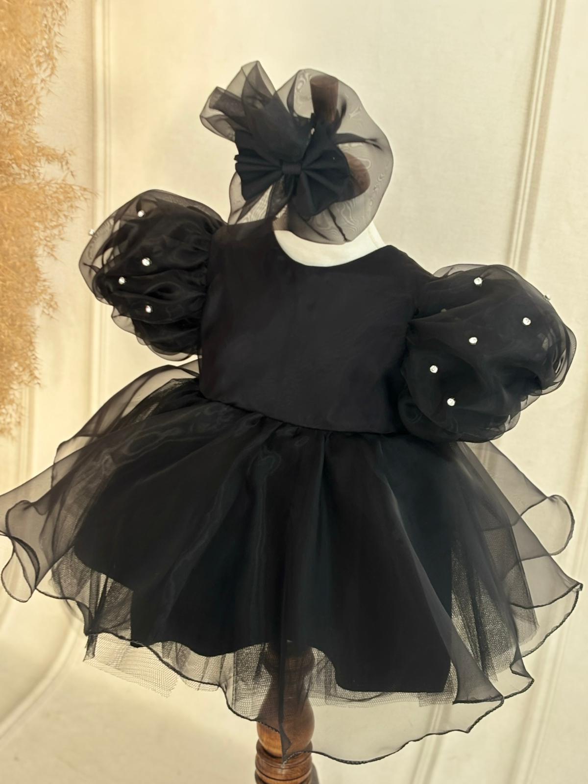 Black Organza Birthday Dress & Headband for Baby & Toddler Girls – Elegant Party Outfit with Rhinestone Details