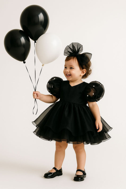 Black Organza Birthday Dress & Headband for Baby & Toddler Girls – Elegant Party Outfit with Rhinestone Details