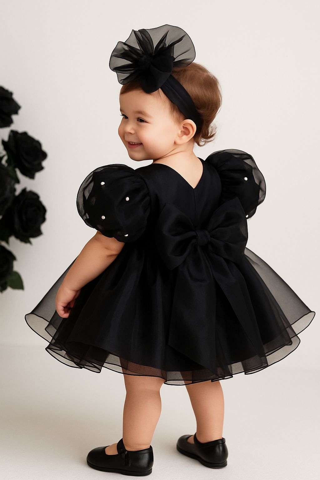 Black Organza Birthday Dress & Headband for Baby & Toddler Girls – Elegant Party Outfit with Rhinestone Details