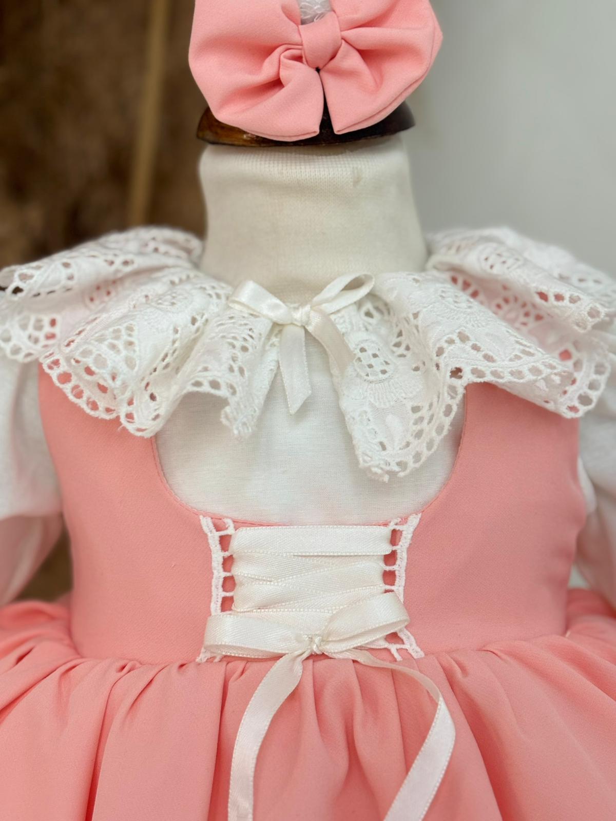 Salmon Ruffled Baby Girl Dress | Lace Collar and Puff Sleeve Design