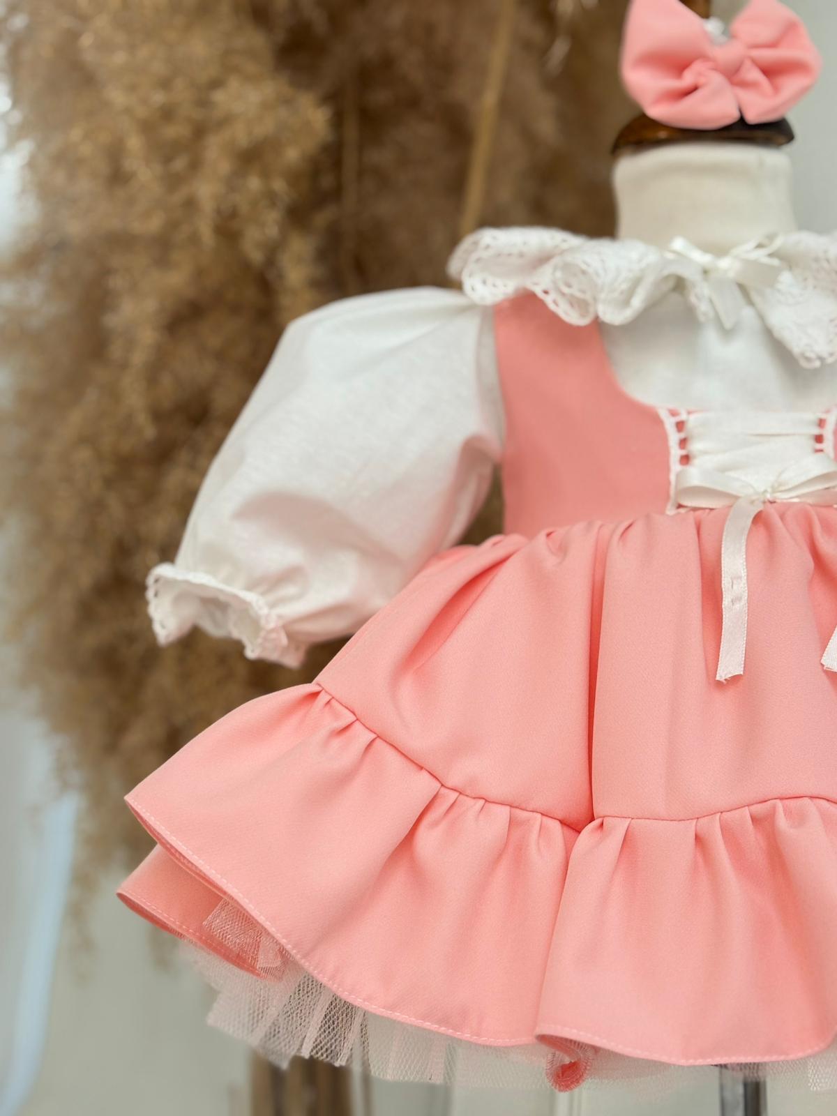 Salmon Ruffled Baby Girl Dress | Lace Collar and Puff Sleeve Design