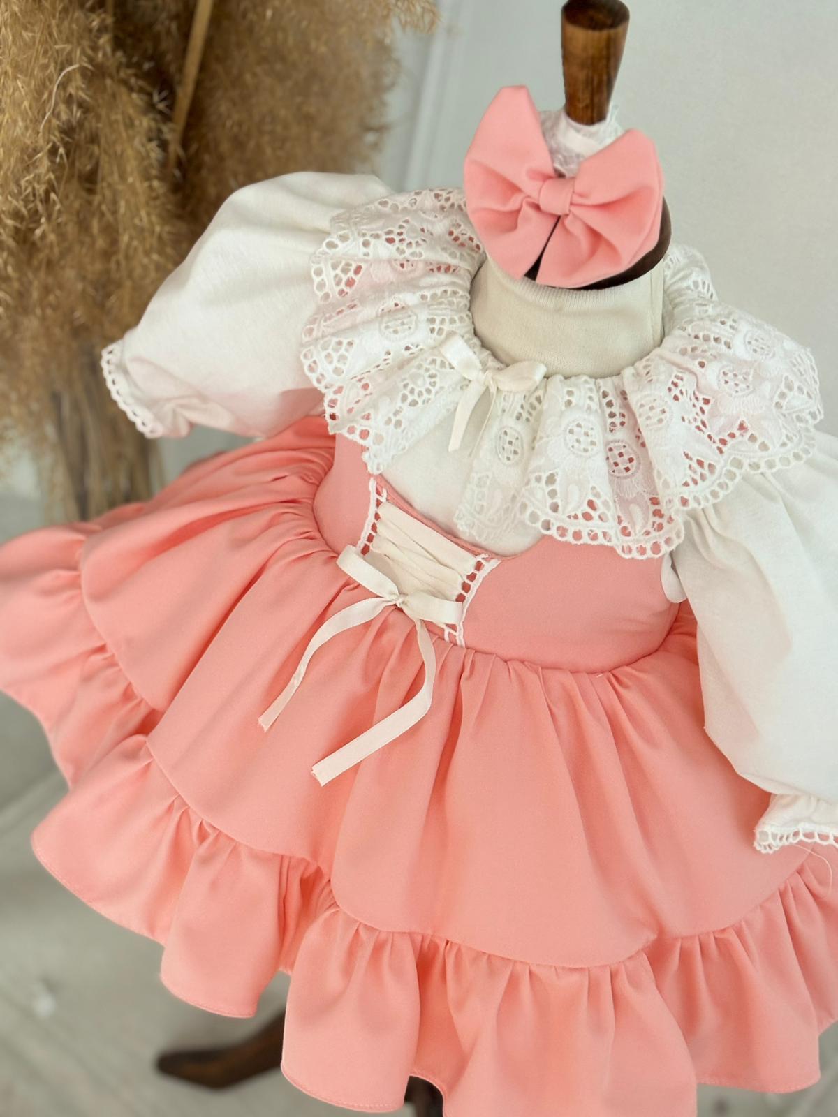 Salmon Ruffled Baby Girl Dress | Lace Collar and Puff Sleeve Design