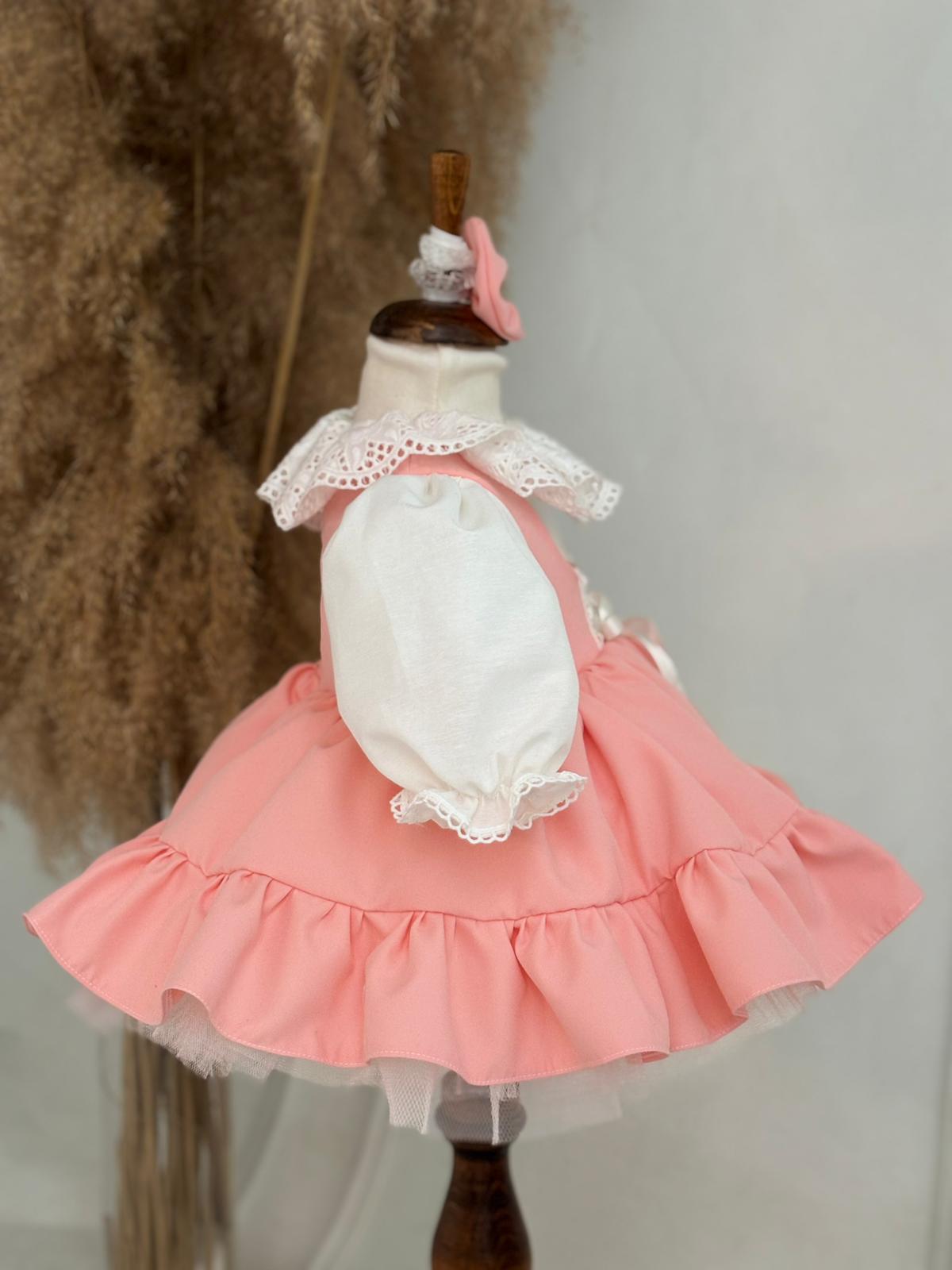 Salmon Ruffled Baby Girl Dress | Lace Collar and Puff Sleeve Design