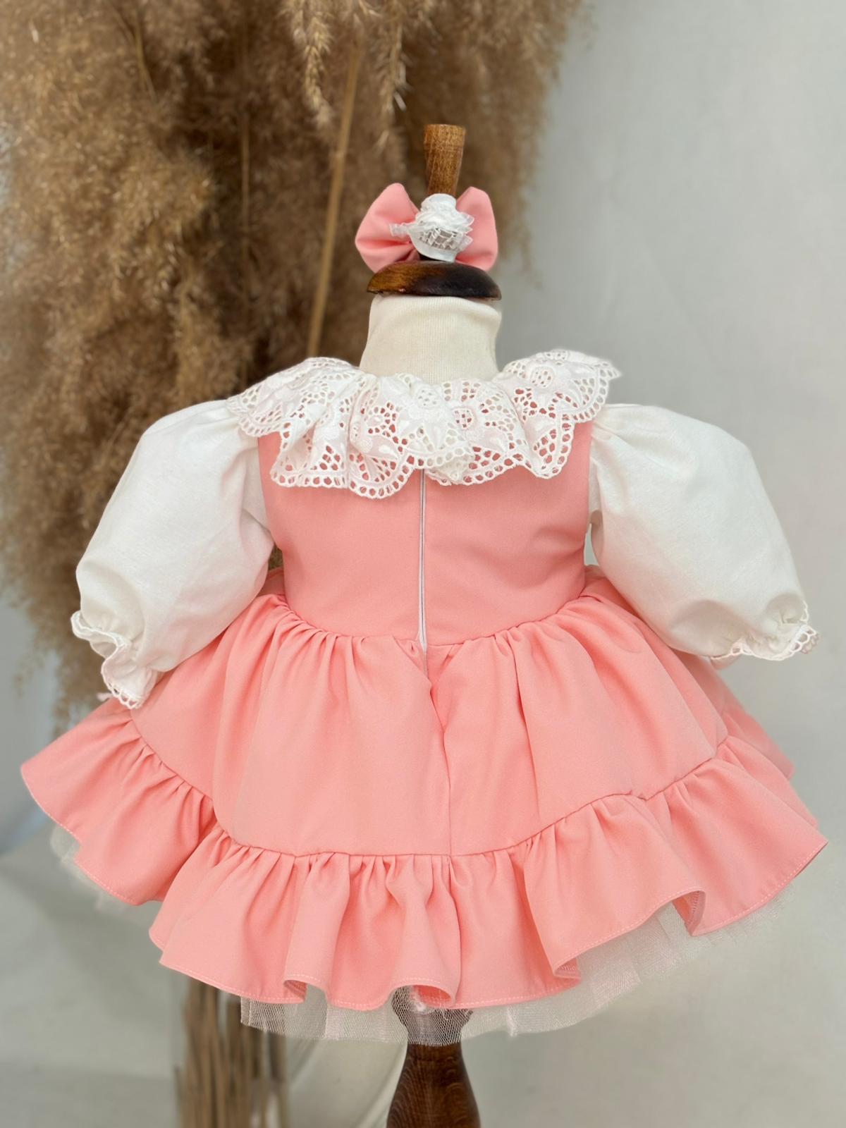 Salmon Ruffled Baby Girl Dress | Lace Collar and Puff Sleeve Design