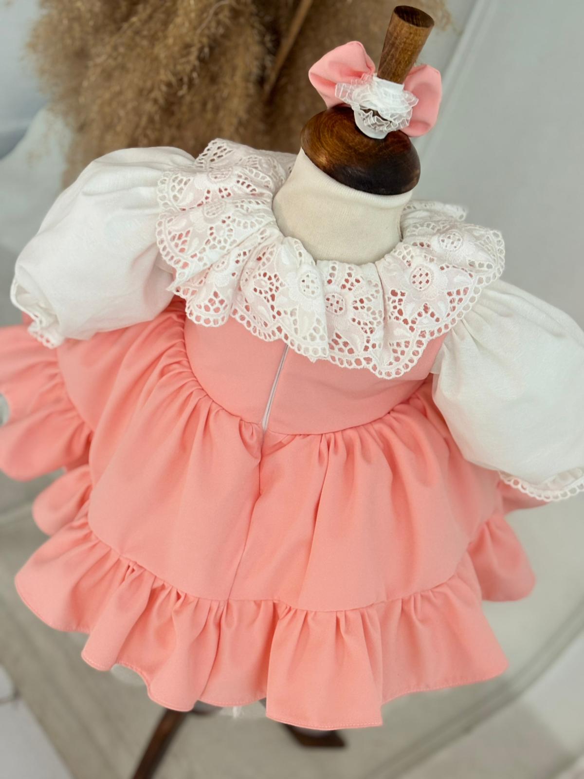 Salmon Ruffled Baby Girl Dress | Lace Collar and Puff Sleeve Design