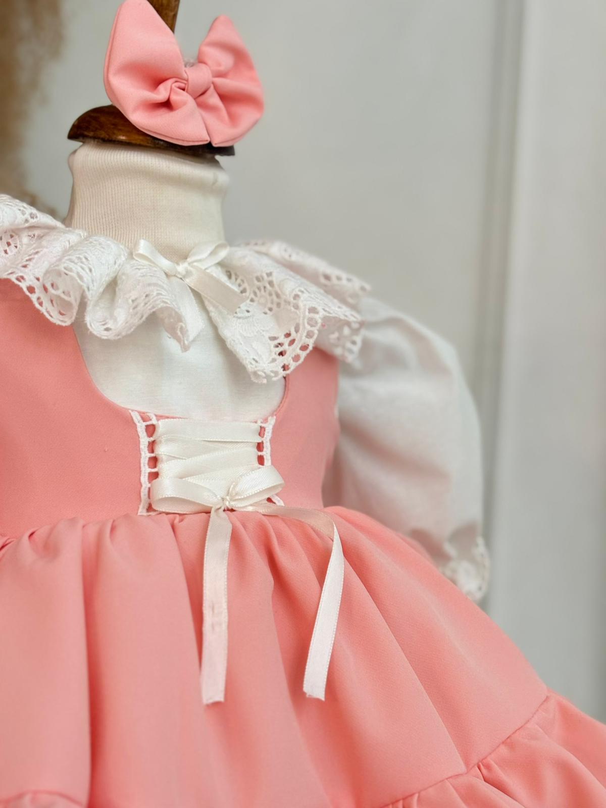 Salmon Ruffled Baby Girl Dress | Lace Collar and Puff Sleeve Design