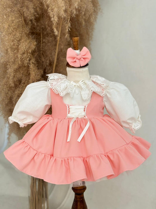 Salmon Ruffled Baby Girl Dress | Lace Collar and Puff Sleeve Design