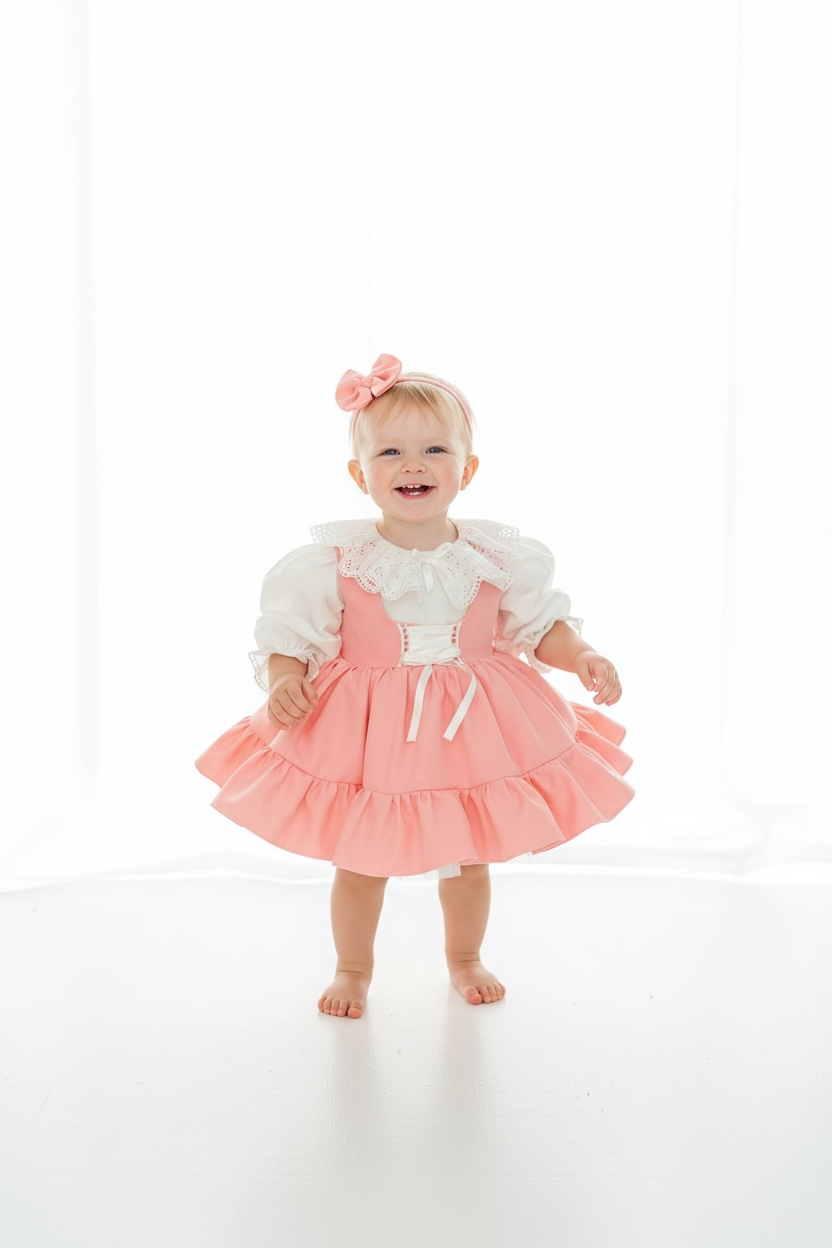 Salmon Ruffled Baby Girl Dress | Lace Collar and Puff Sleeve Design