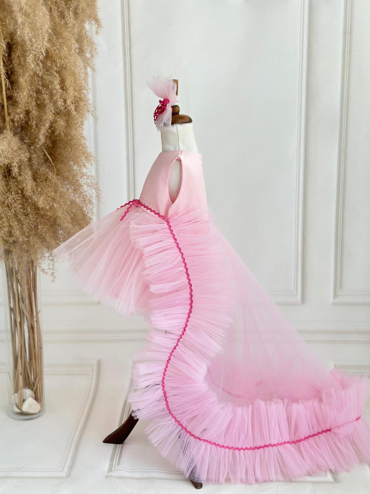 Baby Girl Pink Tulle Dress with Detachable Train | Princess Party Dress