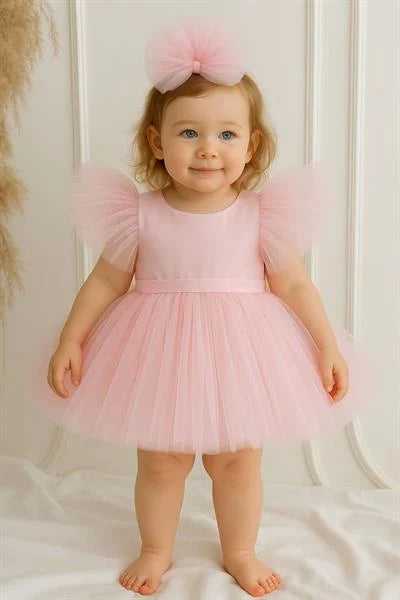 Tulle-Sleeved Puffy Party Dress - Pink