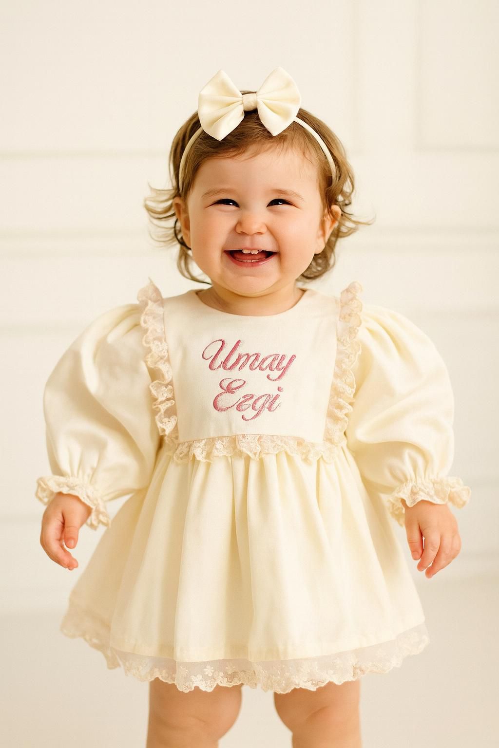 Cream Lace Apron Baby Dress Set – Cotton Satin, with Hat, Perfect for Special Occasions