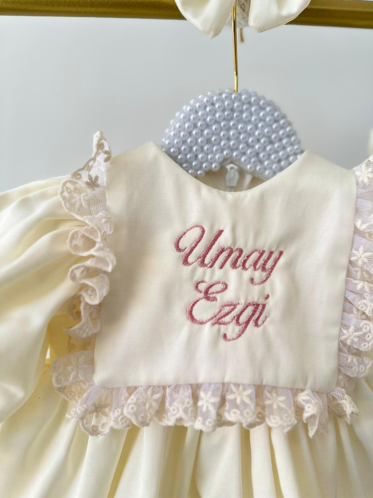 Cream Lace Apron Baby Dress Set – Cotton Satin, with Hat, Perfect for Special Occasions
