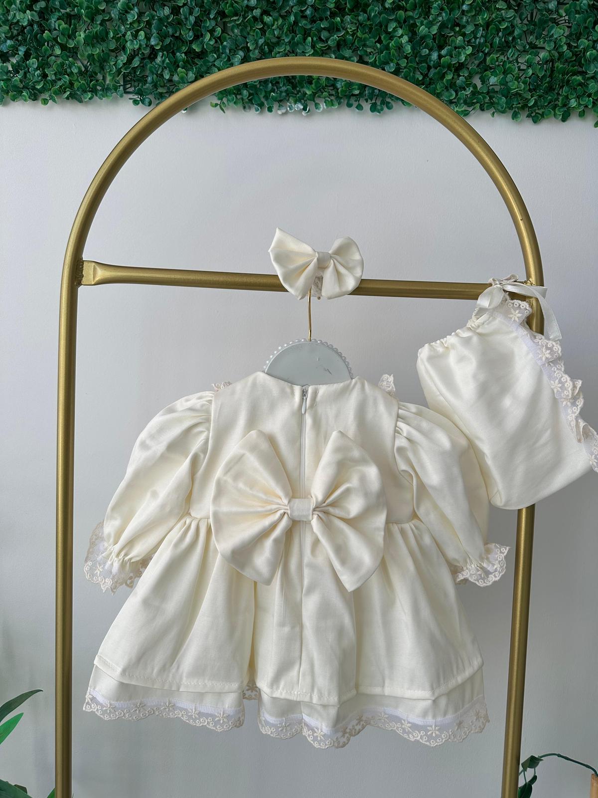 Cream Lace Apron Baby Dress Set – Cotton Satin, with Hat, Perfect for Special Occasions