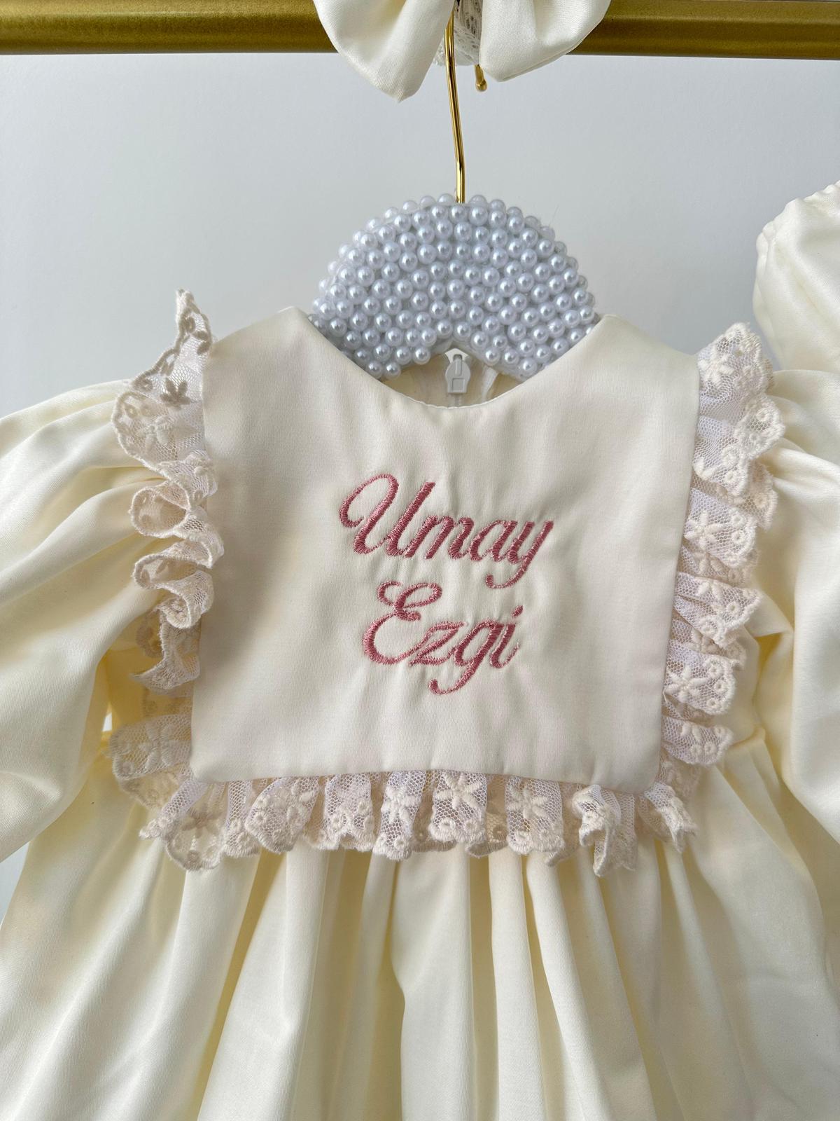 Cream Lace Apron Baby Dress Set – Cotton Satin, with Hat, Perfect for Special Occasions