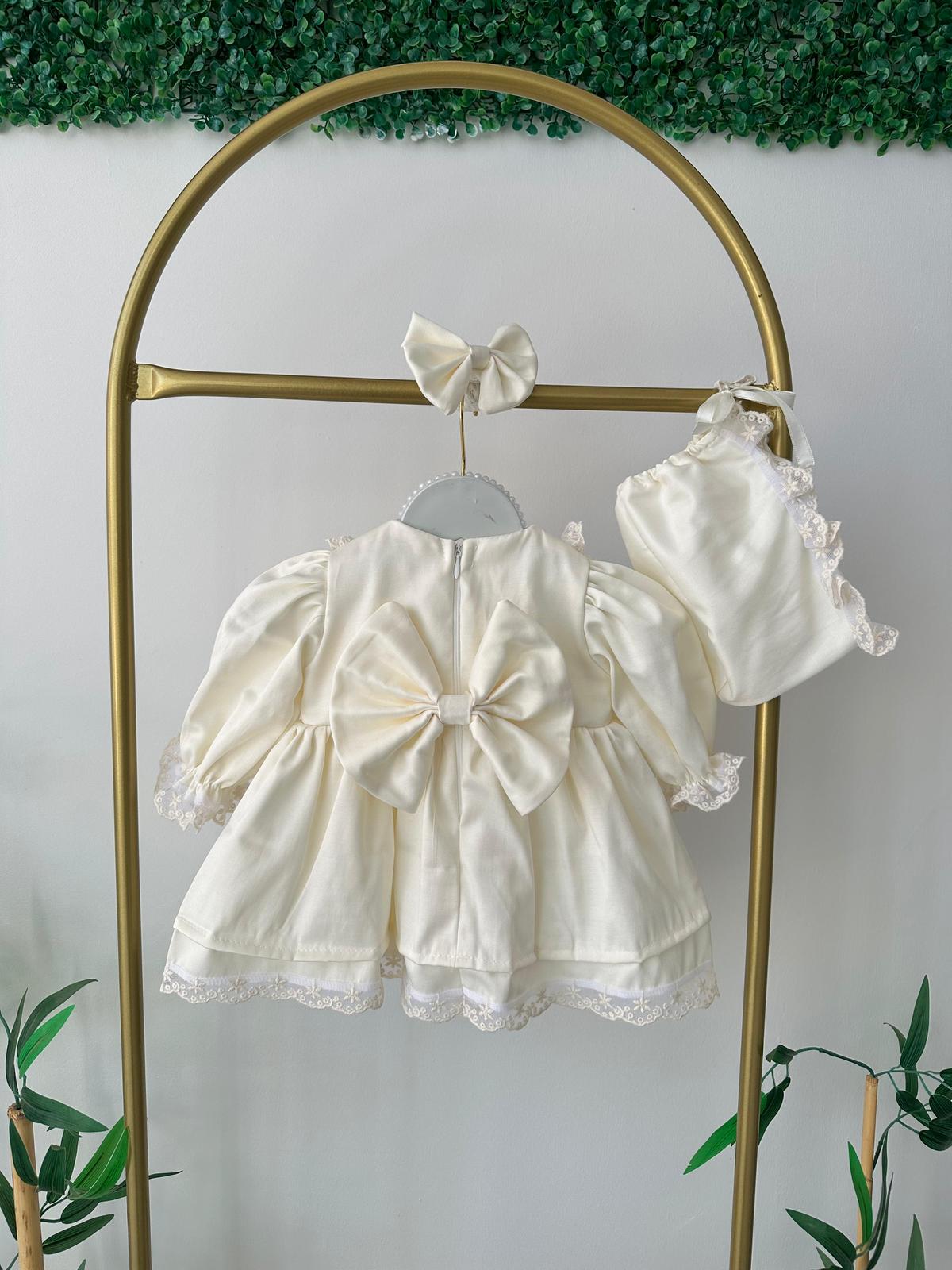 Cream Lace Apron Baby Dress Set – Cotton Satin, with Hat, Perfect for Special Occasions