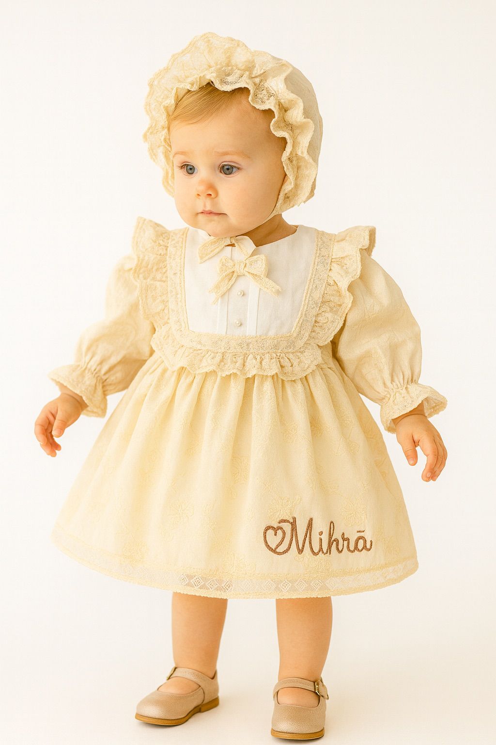 Vintage Lace Baby Girl Dress with Bonnet & Bow | Cream Puff Sleeve Outfit for Special Occasions